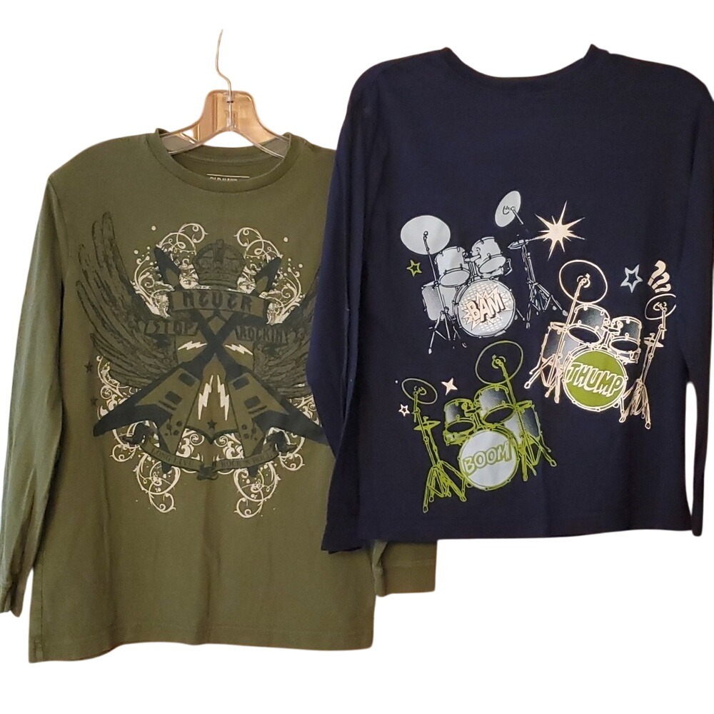 2 Pack Boys Long Sleeve Music Shirts- Crazy 8 Drums &‎ Old Navy Guitar Size 14